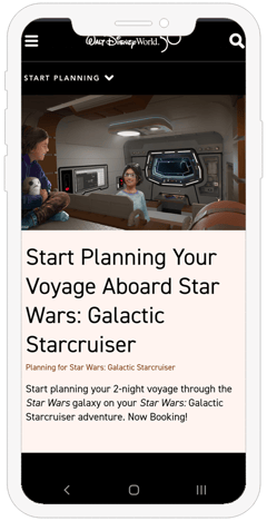 A mobile phone featuring Disney's Star Wars Galactic Starcruiser website